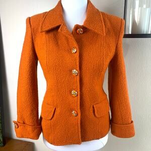 Vintage Size 10 Button Front Blazer Jacket Burnt Pumpkin Orange Boucle Fall